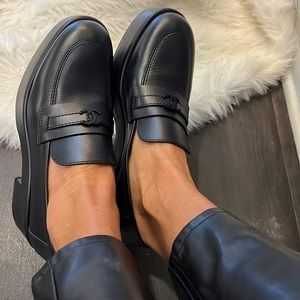 CHANEL Black Leather Loafers with CC Hardware